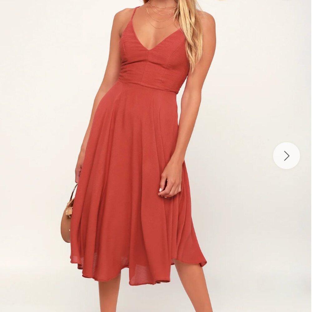 Lulus Rust Red Lace-Up Midi Dress